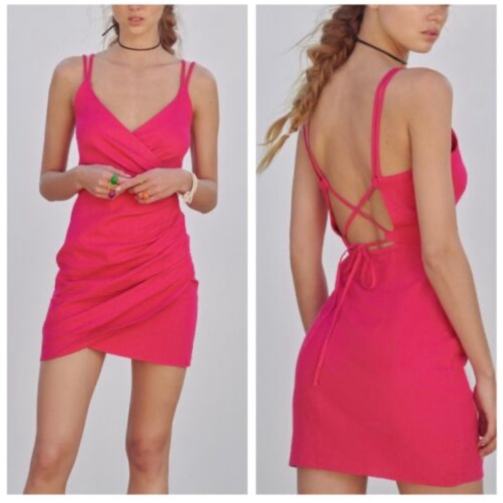 ZARA Pink Linen Faux Wrap Mini Dress Double Straps Tie Back Size XS New S